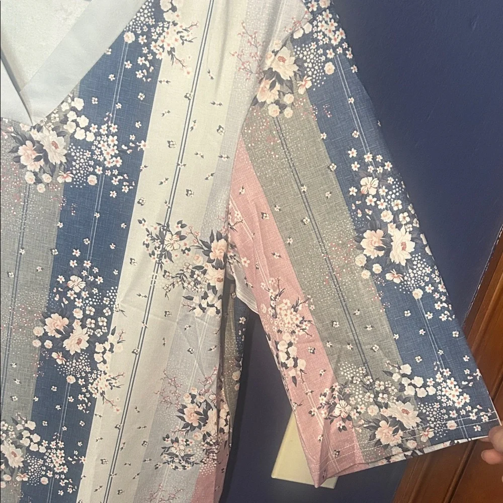 SHEIN Floral Striped V-Neck Blouse - Pink, Blue, Cream - Picture 3 of 4